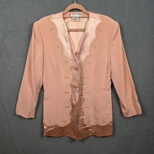 Liz Elana Women?s 2 Piece Skirt Suit Size 10 Pink Beaded Jacket Slit Skirt